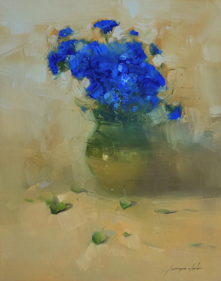 Vase of Blue Flowers, Original oil Painting, Handmade artwork, One of a Kind       